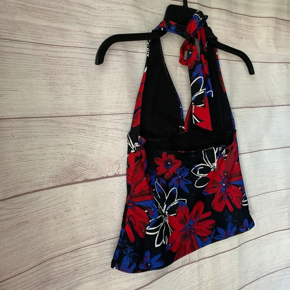 Catalina Floral Halter Tankini Swimsuit Top Red White Blue Size S (4-6)